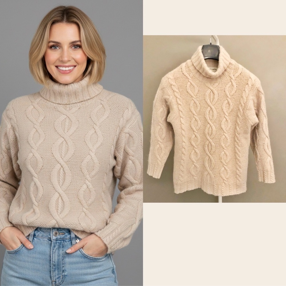 Vintage Lambs Wool & Angora Minimalist Beige Cable Knit Turtle Neck Sweater.